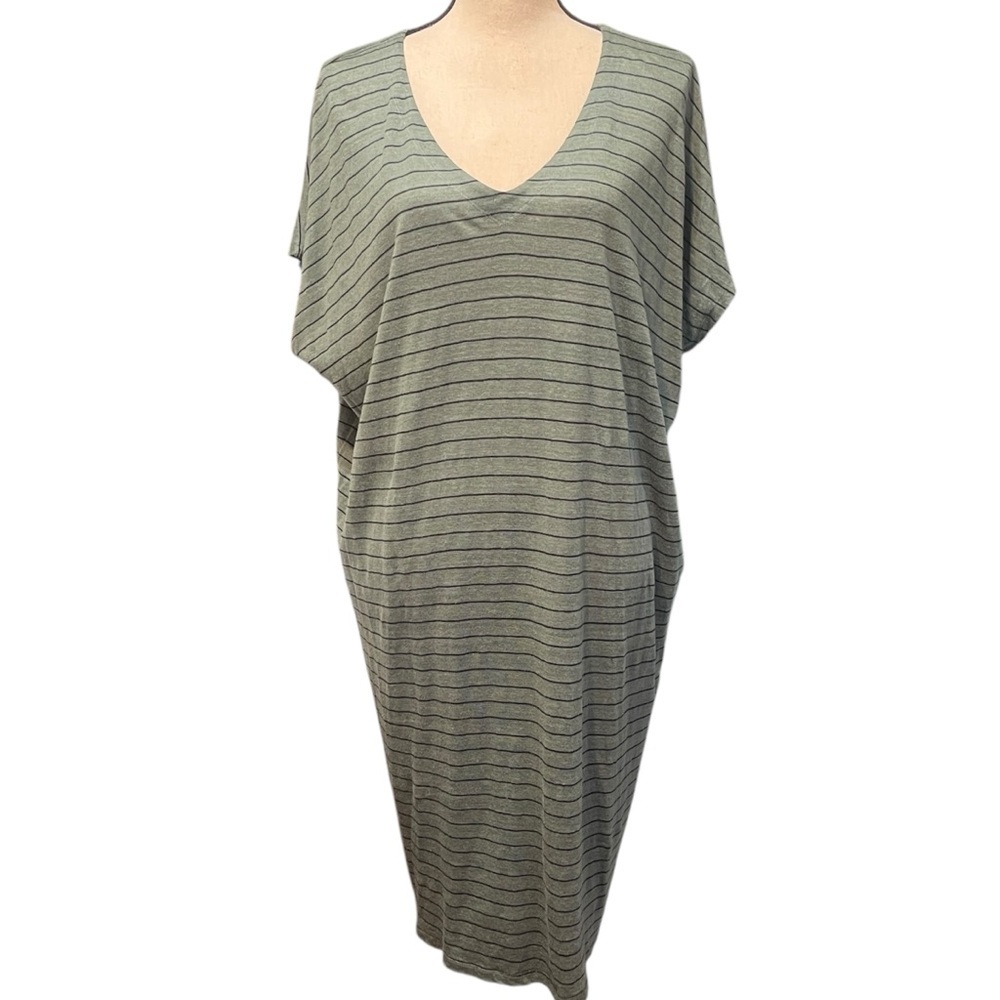 Eileen Fisher Green & Black Organic Cotton V Neck Oversized T-Shirt Dress Large‎